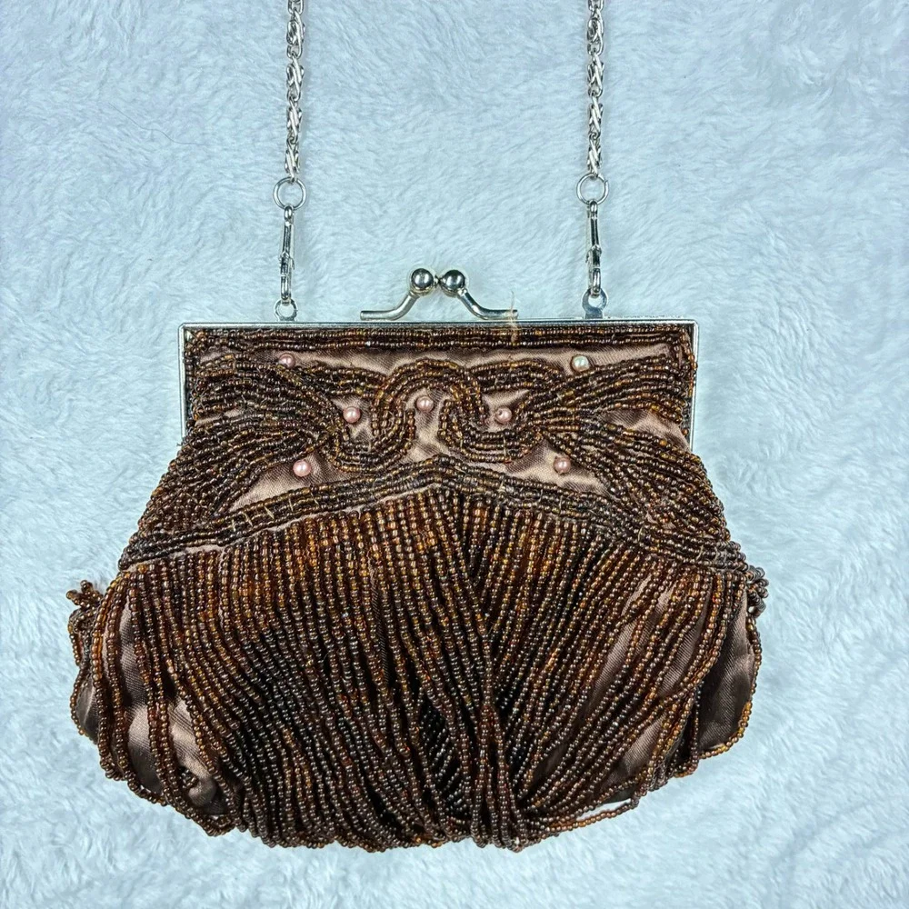 Bijoux Terner Brown Beaded Fringe Satin Evening Bag Clutch Silver Chain Strap
